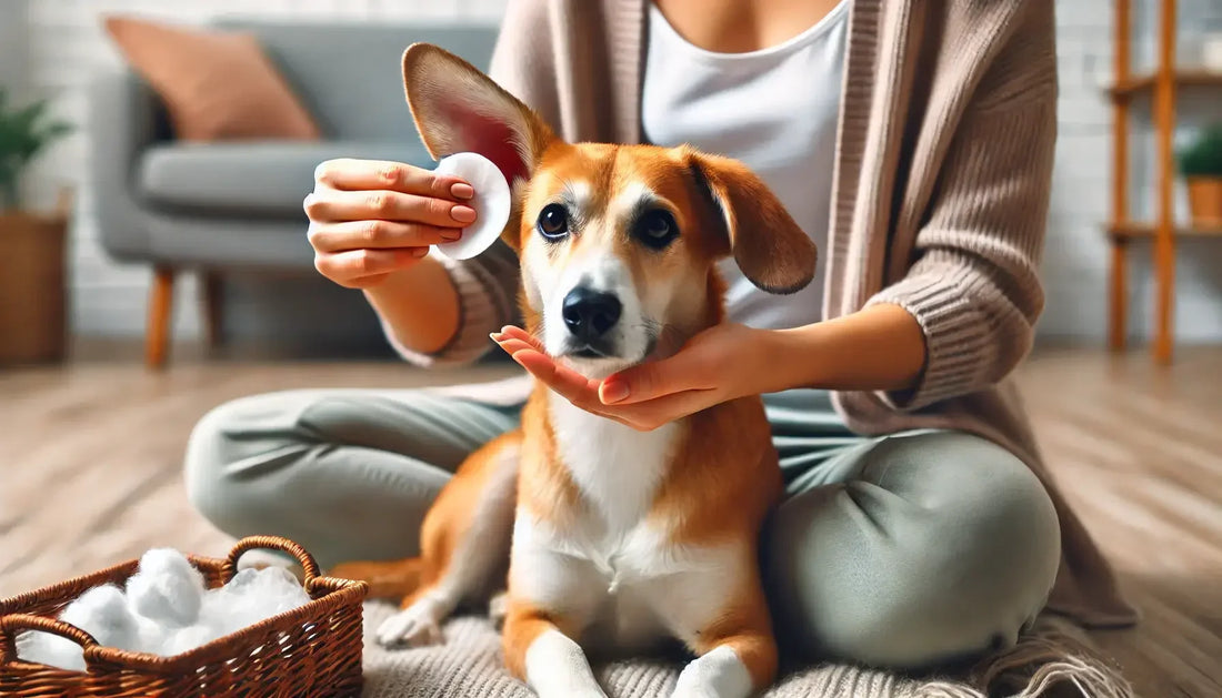 Pet owner cleaning a relaxed dog's ears with a cotton pad in a cozy home setting