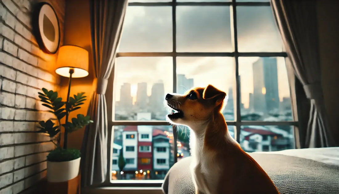 Small dog barking inside cozy apartment by window with city skyline view