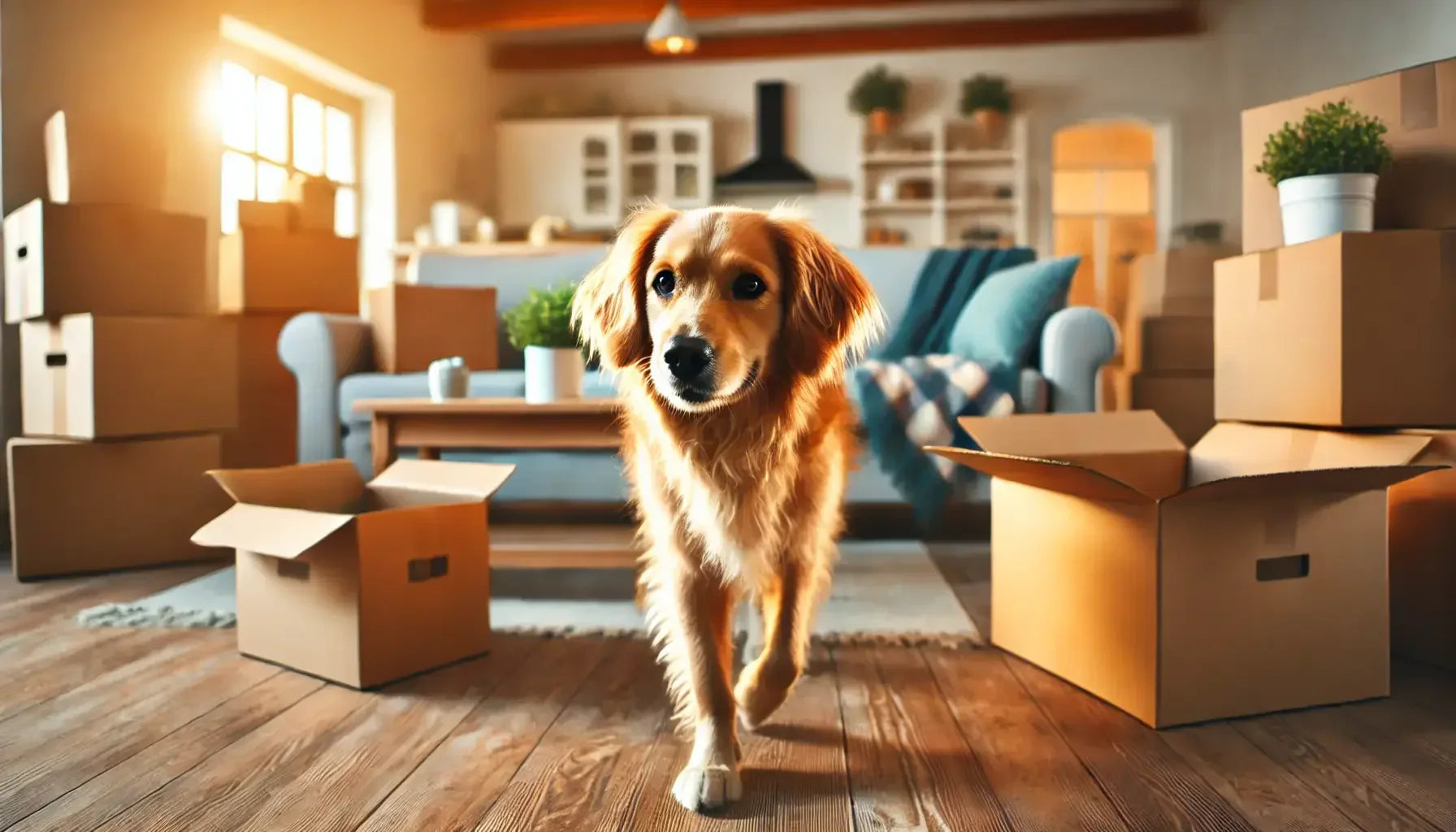 Happy dog exploring cozy living room with moving boxes and sunlight, new home concept