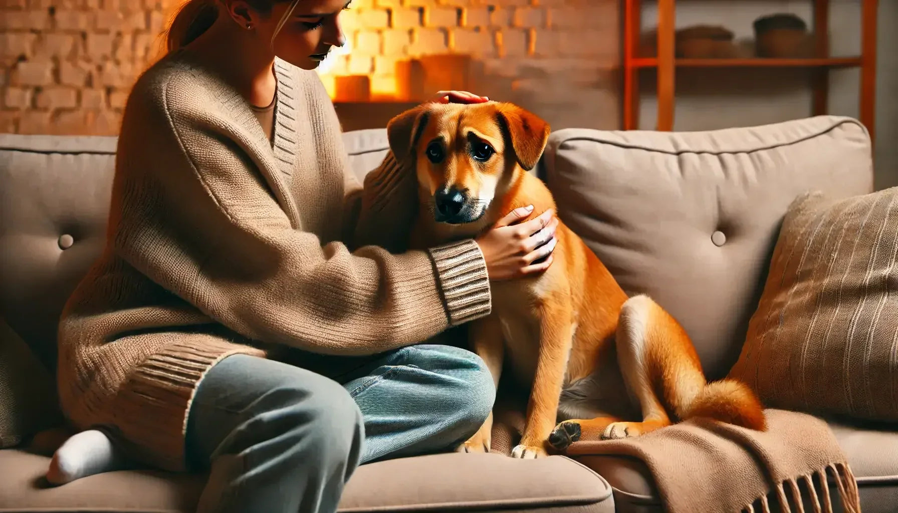 Woman in cozy sweater comforting anxious dog on beige couch in warm living room
