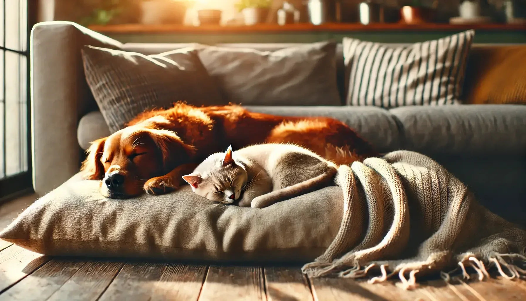 Sleeping golden retriever dog and gray cat resting together on a cozy pillow with a knitted blanket indoors
