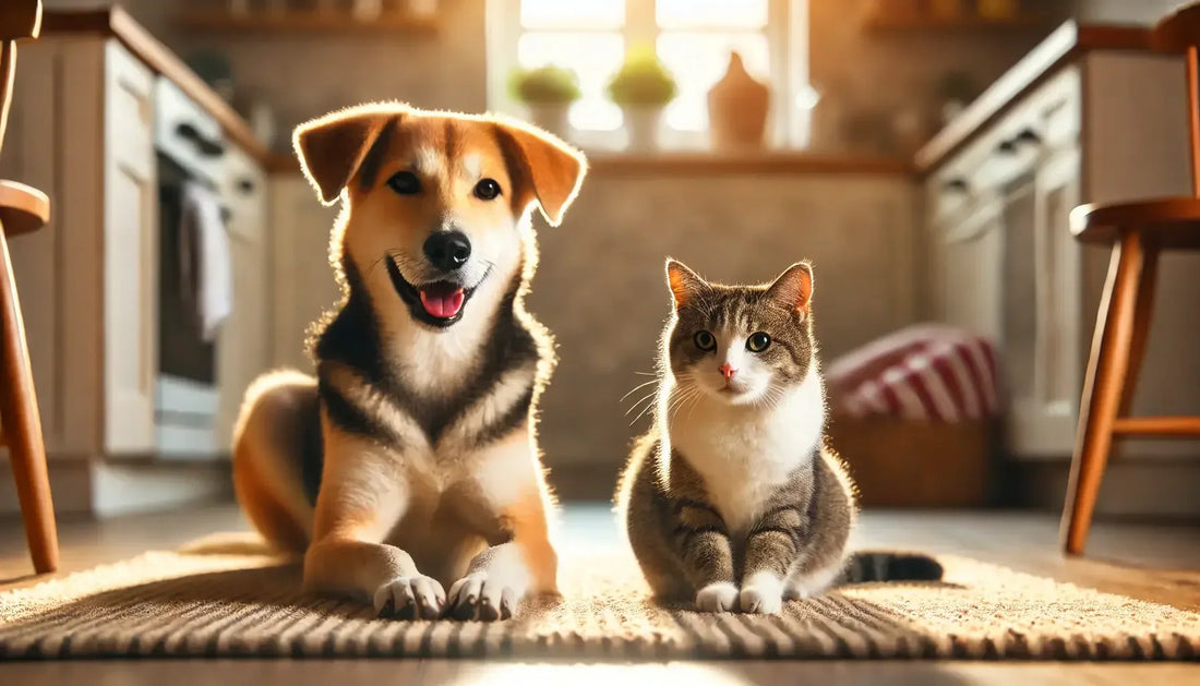 Happy dog and curious cat sitting together on a rug in a cozy sunlit home kitchen.