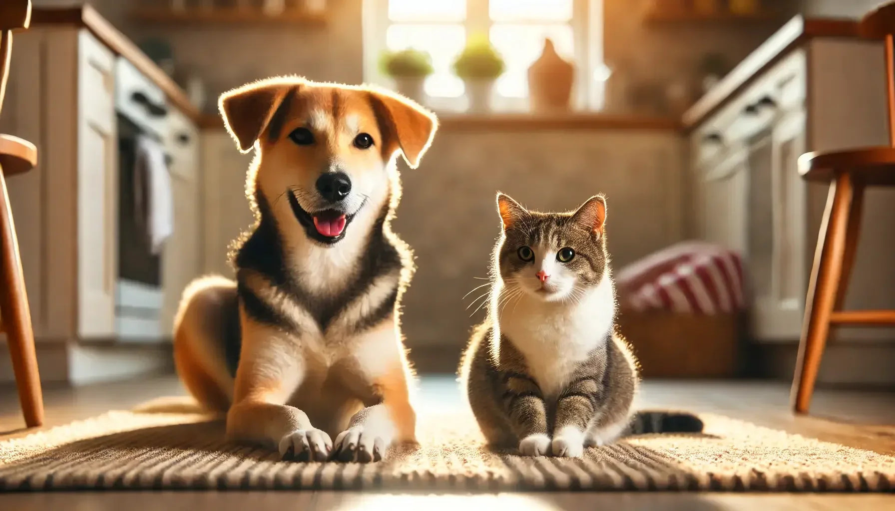 Happy dog and curious cat sitting together on a rug in a cozy sunlit home kitchen.