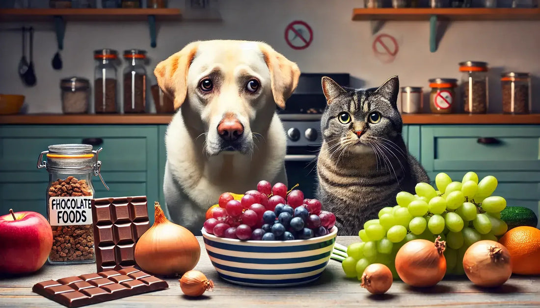 worried dog and cat in kitchen with bowl of grapes, chocolate bars, onions, and other foods