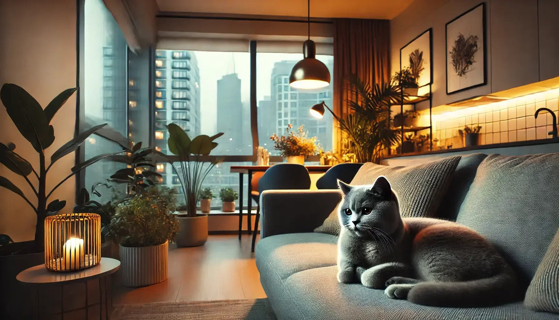 British Shorthair cat lounging on modern gray couch in cozy, warmly lit apartment.