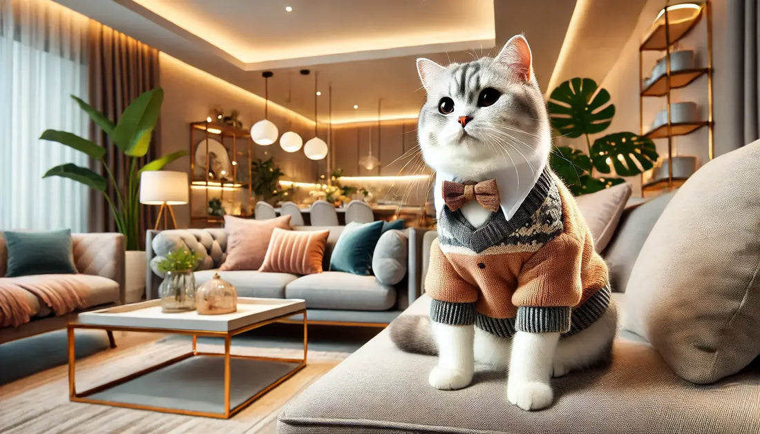 Stylish cat in sweater and bowtie on luxury couch in modern living room