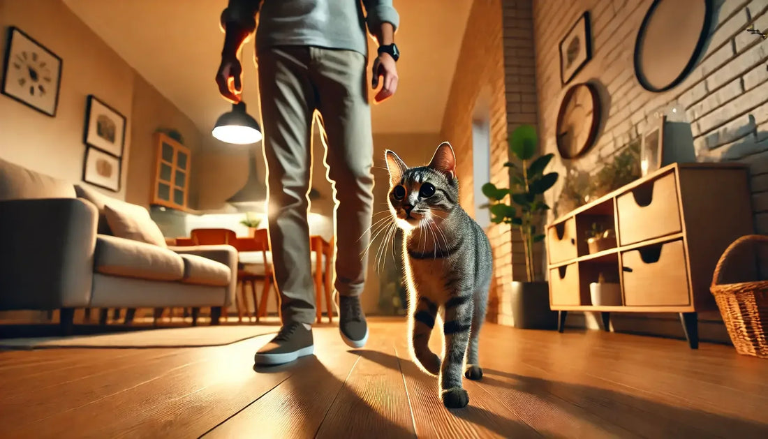 Domestic short-haired tabby cat walking behind person in cozy modern apartment with wooden floor