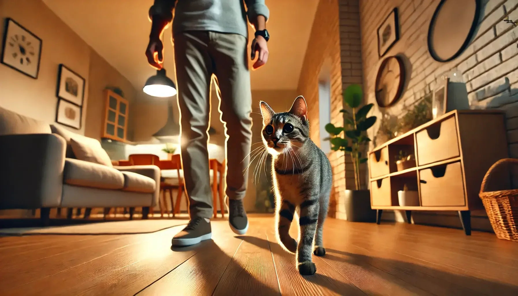 Domestic short-haired tabby cat walking behind person in cozy modern apartment with wooden floor