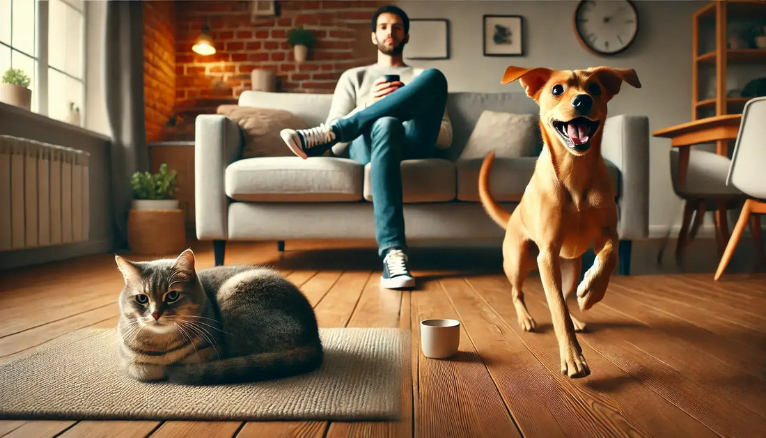 Cozy living room with a person on a couch, relaxed cat, and playful dog on wooden floor