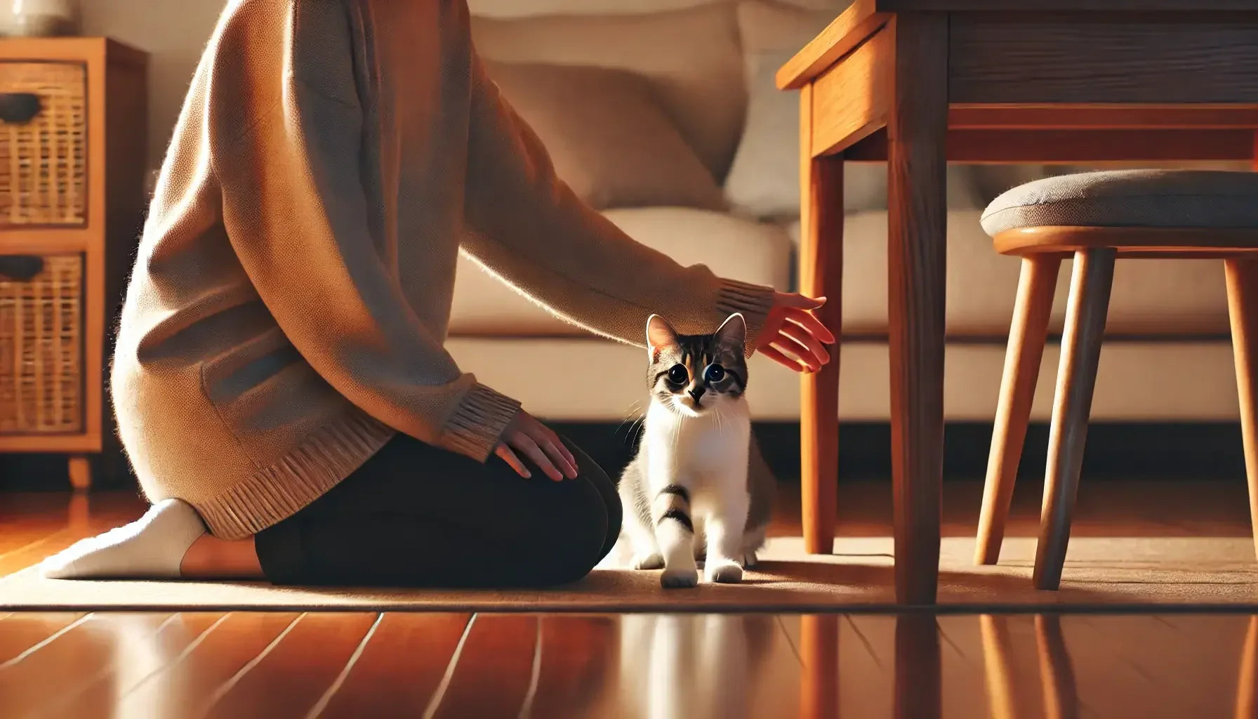 Person kneeling on floor reaching out to a cautious tabby cat under wooden table in cozy living room
