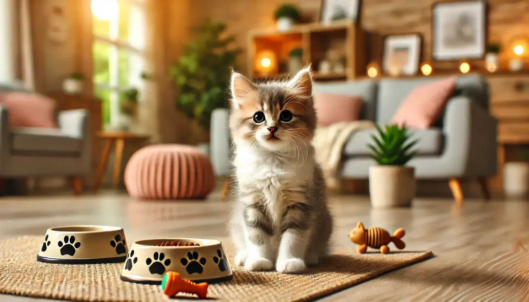 Curious kitten sitting in cozy living room with pet toys and food bowl on the rug