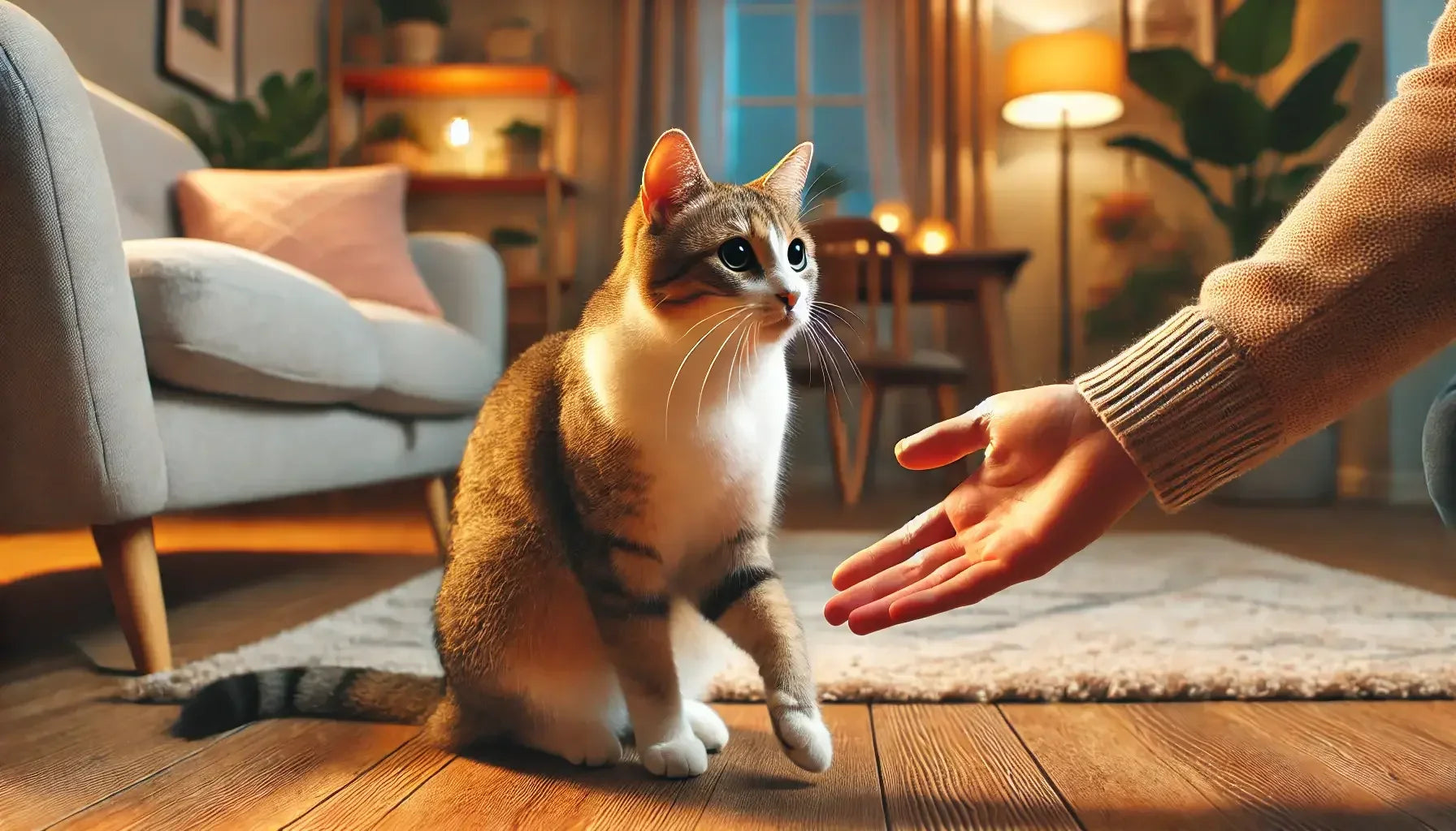 Curious cat on wooden floor looking at owner’s hand in cozy living room