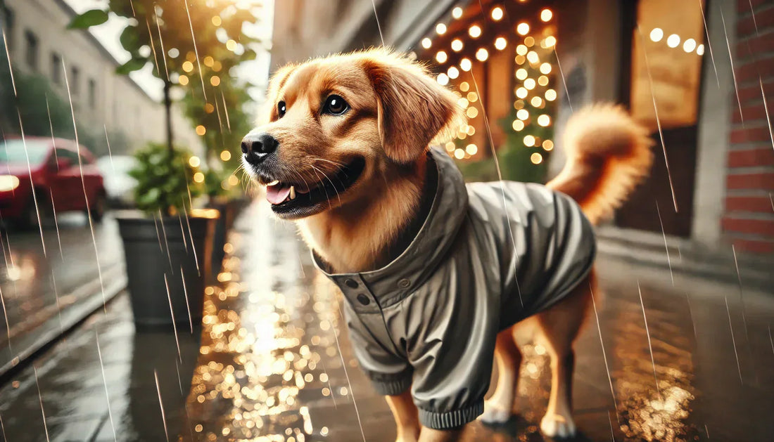 Happy golden retriever dog wearing a gray waterproof raincoat walking on a rainy city street with bokeh lights