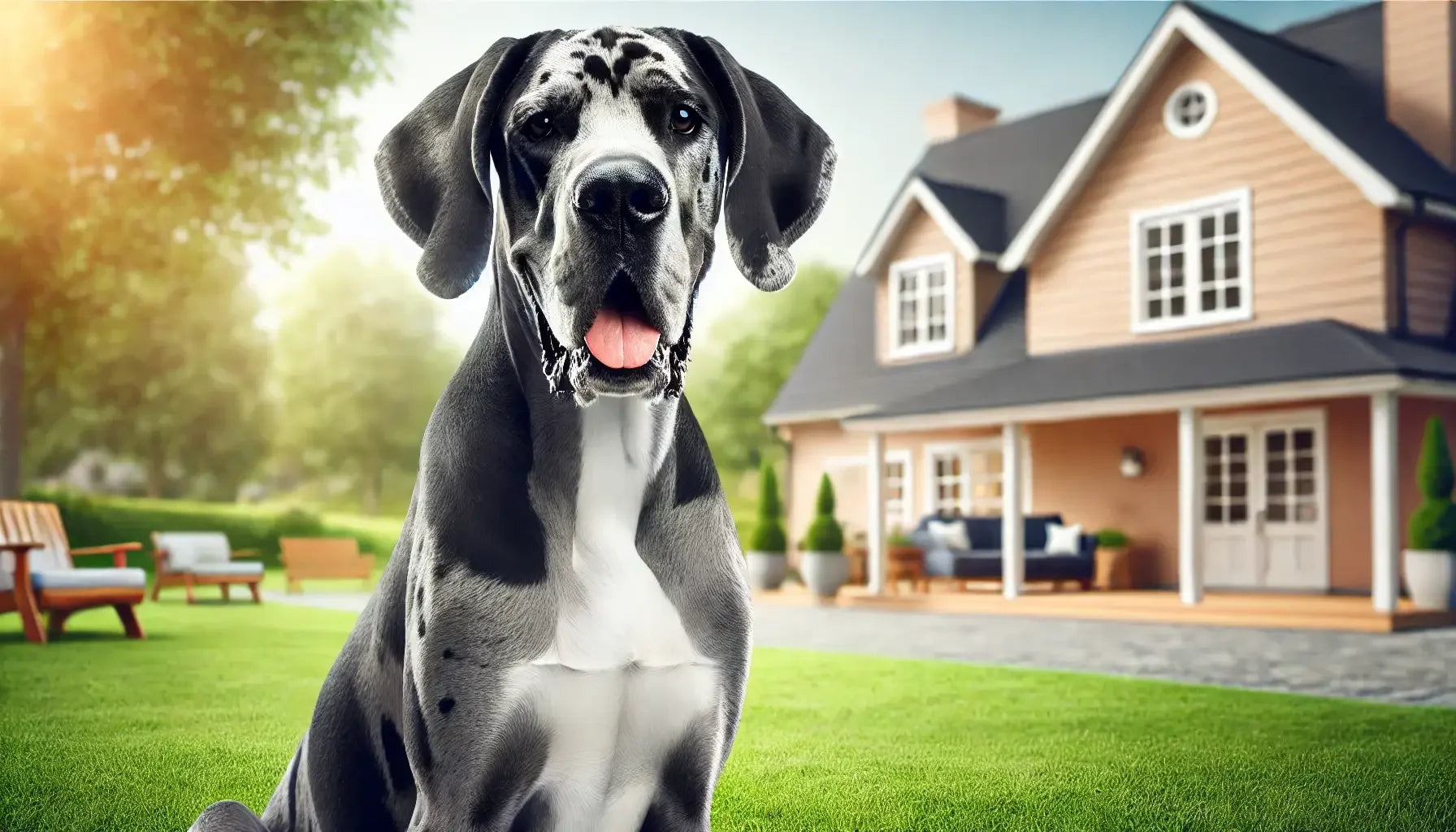 Great Dane sitting on green lawn in front of a large house on a sunny day