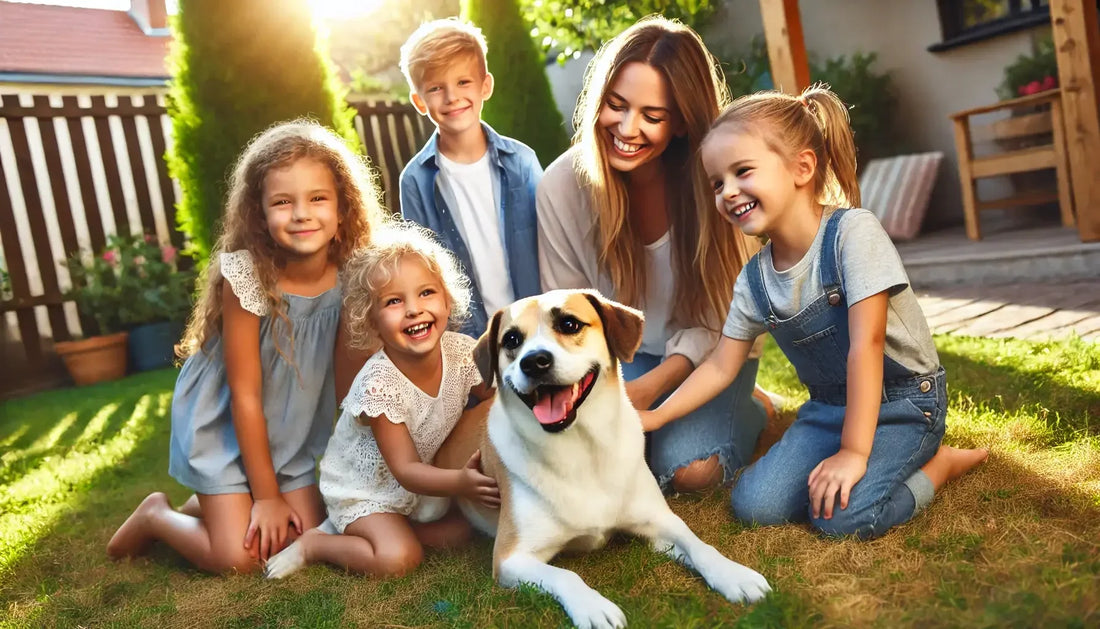 Happy family with kids playing with adopted dog in sunny backyard