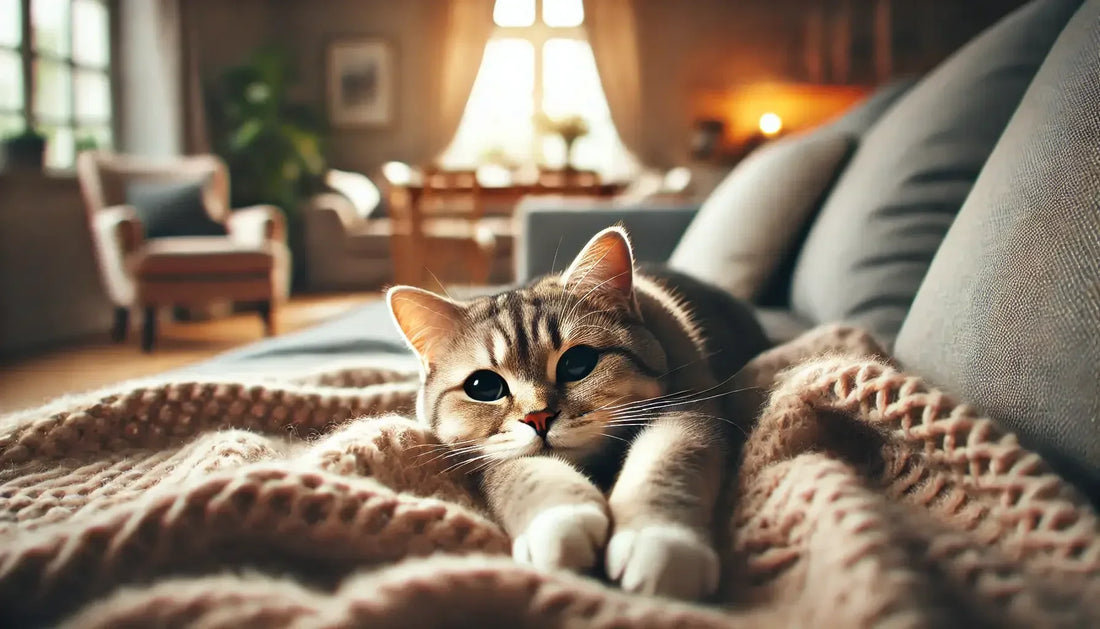 Tabby cat relaxing on knit blanket in cozy living room with soft natural light