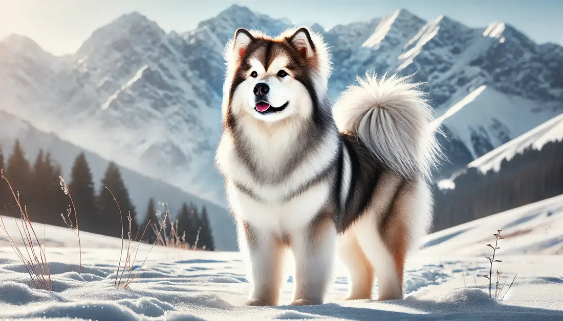 Alaskan Malamute standing in snowy mountain landscape with thick fur blowing in wind