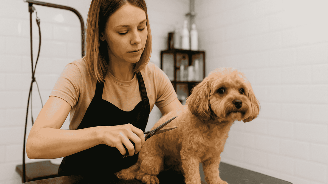 Donna che esegue il taglio del pelo a un cane di piccola taglia a casa, con strumenti da toelettatura su un tavolo, in un ambiente domestico luminoso e accogliente.