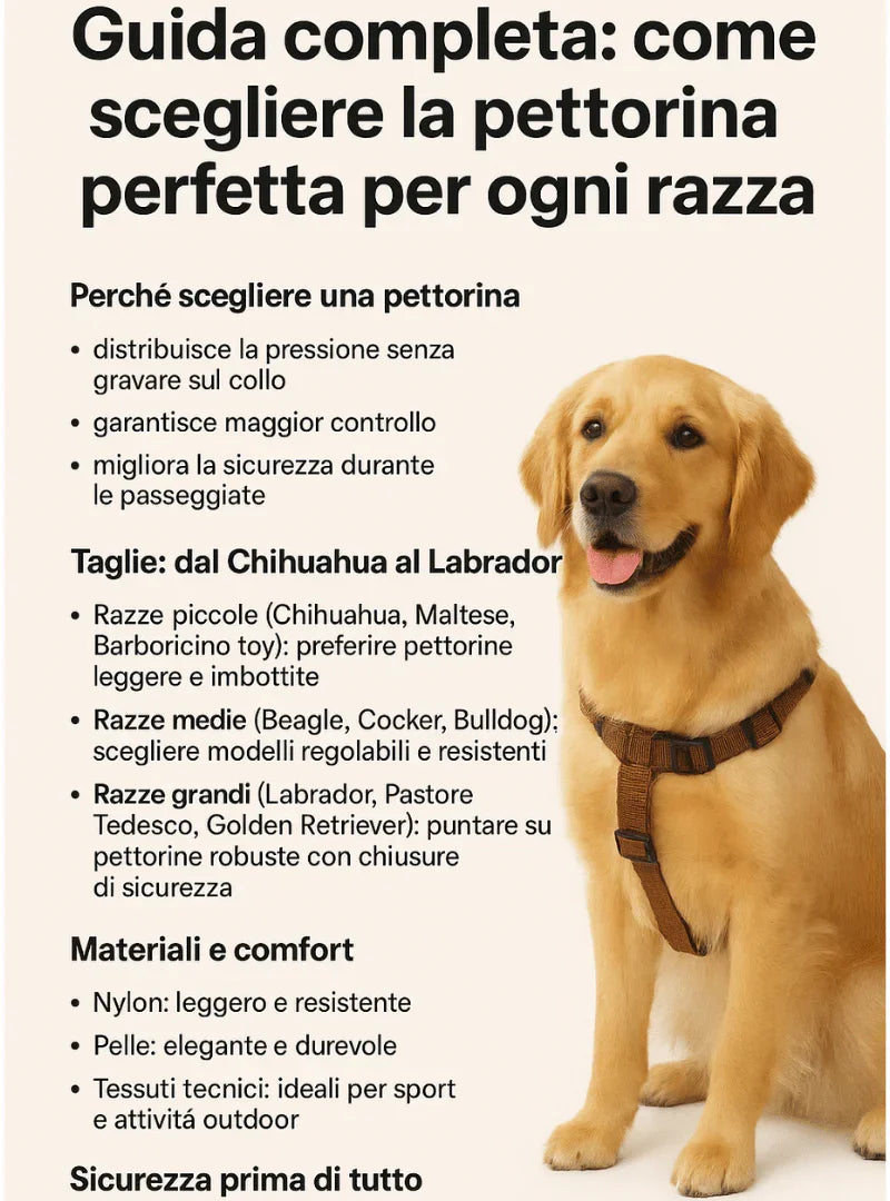Golden Retriever con pettorina marrone – Guida completa su come scegliere la pettorina perfetta per ogni razza di cane (taglie, materiali, sicurezza).