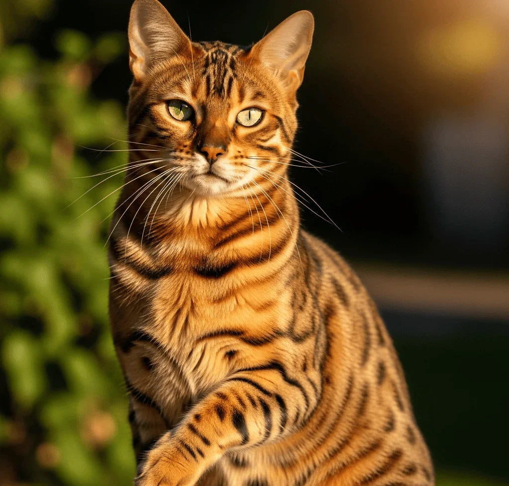 Bengal cat with green eyes and brown spotted coat in sunlight outdoors