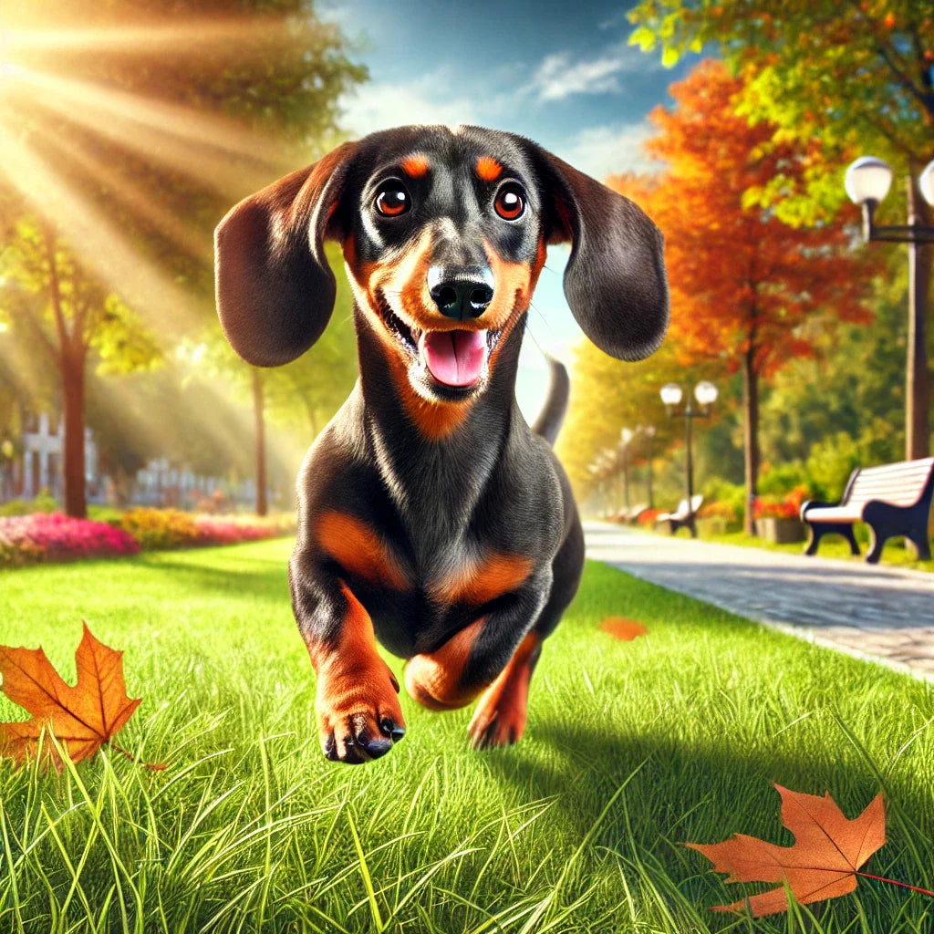 Bassotto giocherellone che corre in un parco in una giornata autunnale, circondato da foglie colorate e sole splendente, rappresentando il carattere energico e vivace della razza.