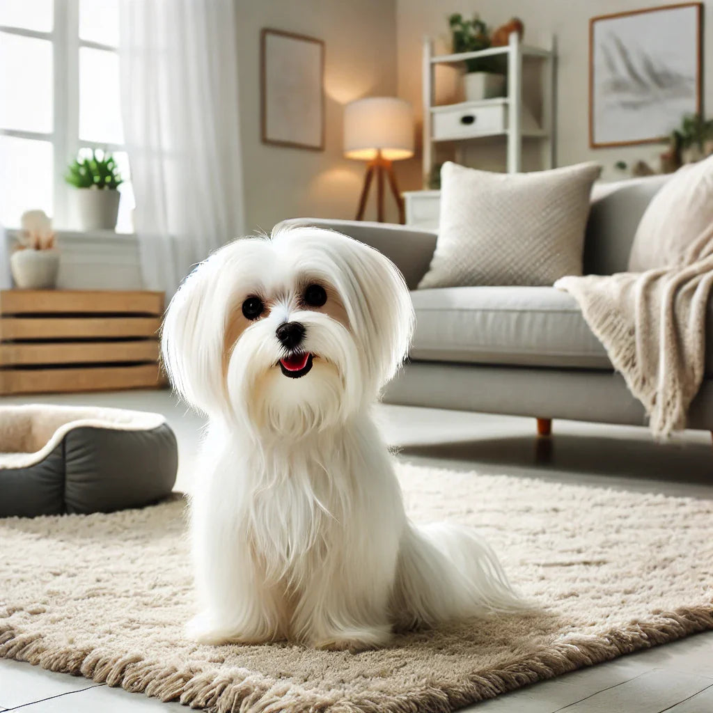 Maltese felice in un salotto moderno e accogliente con tappeto soffice, letto per cani elegante e luce naturale, ideale per rappresentare l'affettuosità e l'eleganza della razza.