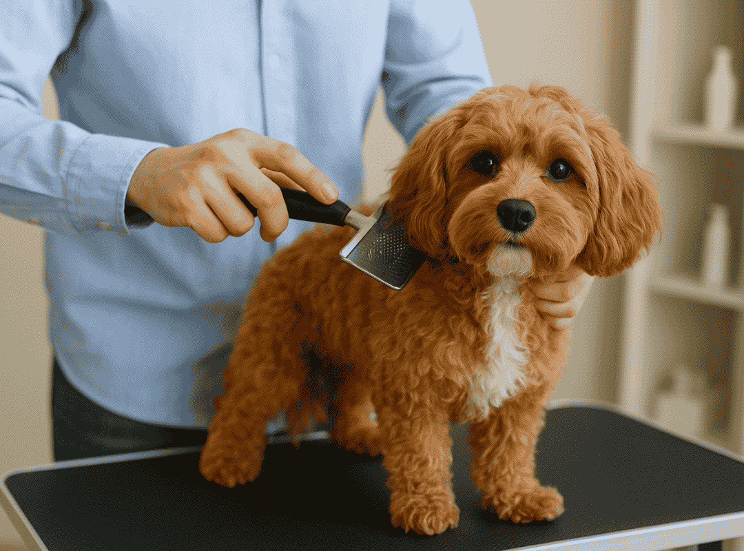 Cavapoo con pelo riccio seduto su un tavolo da toelettatura, mentre viene delicatamente spazzolato per la cura del mantello.