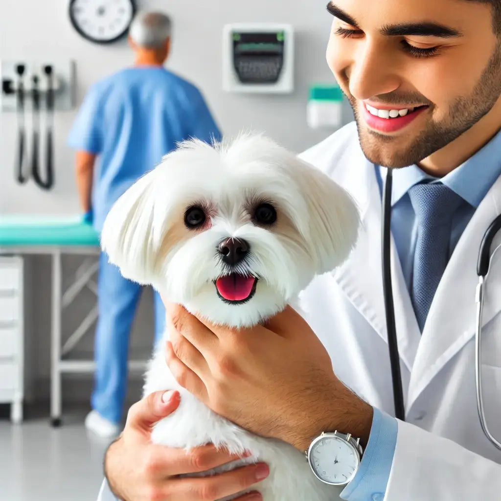 Maltese in salute esaminato da un veterinario in una clinica luminosa. Il veterinario controlla gli occhi del cane, che appare felice e ben curato.