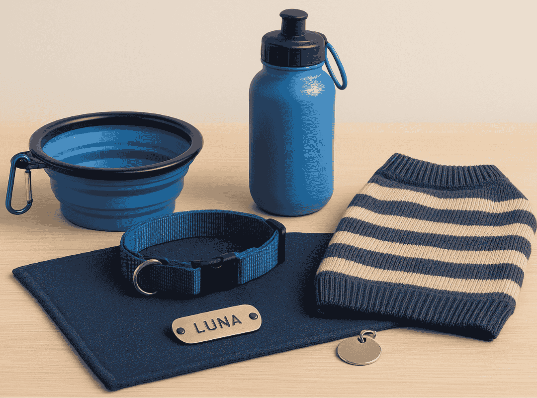 Accessori per cani personalizzati su Dogmoda: ciotola pieghevole, borraccia, collare con medaglietta, tappetino e maglioncino a righe per forniture pet shop.