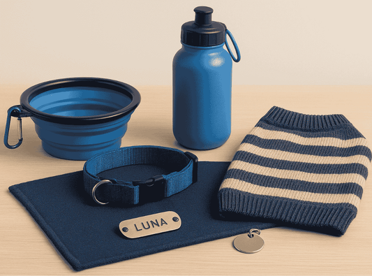 Accessori per cani personalizzati su Dogmoda: ciotola pieghevole, borraccia, collare con medaglietta, tappetino e maglioncino a righe per forniture pet shop.