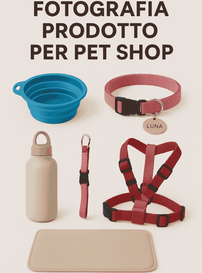 Foto prodotto per pet shop: set di accessori per cani su sfondo neutro — ciotola pieghevole, borraccia, collare con medaglietta, pettorina e tappetino.