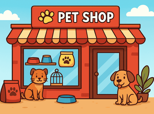 Cartoon pet shop storefront with a cat, dog, food bowls, and pet supplies