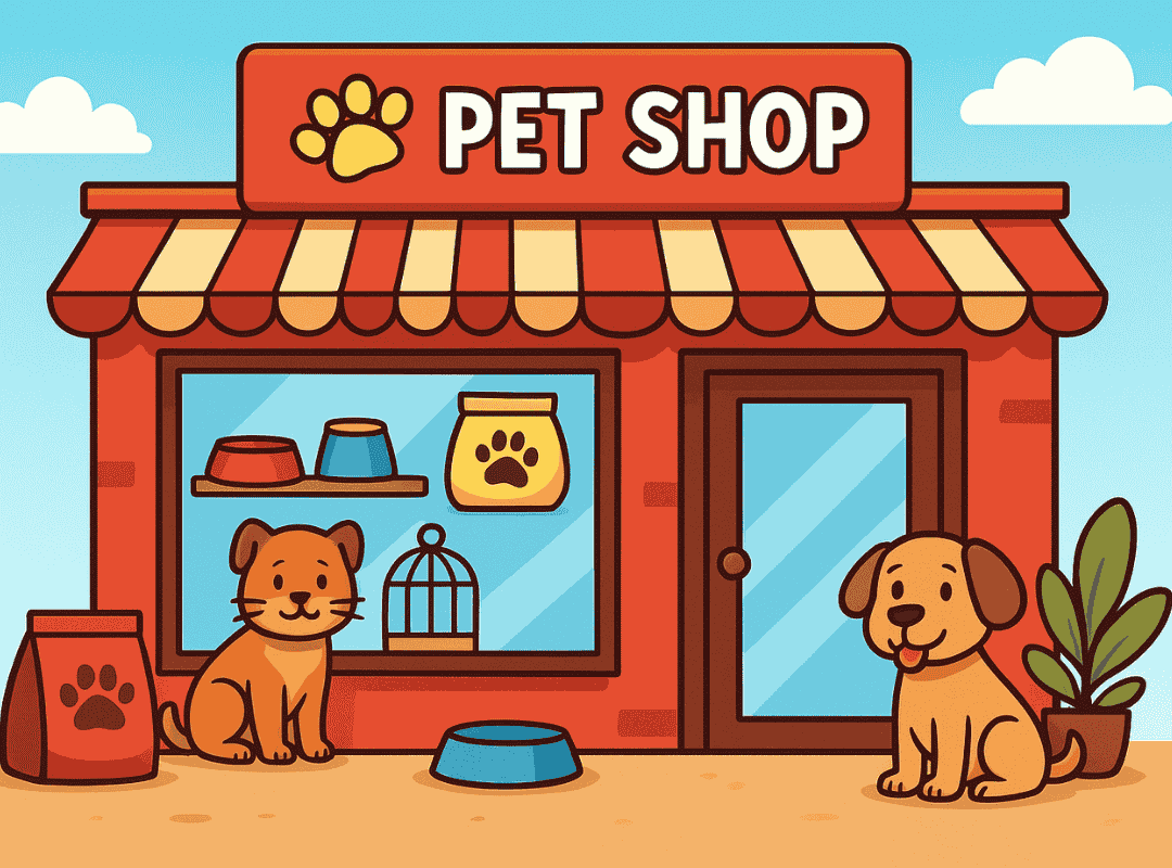 Illustrazione cartoon di un pet shop con insegna rossa, cane e gatto davanti al negozio e accessori per animali esposti in vetrina.