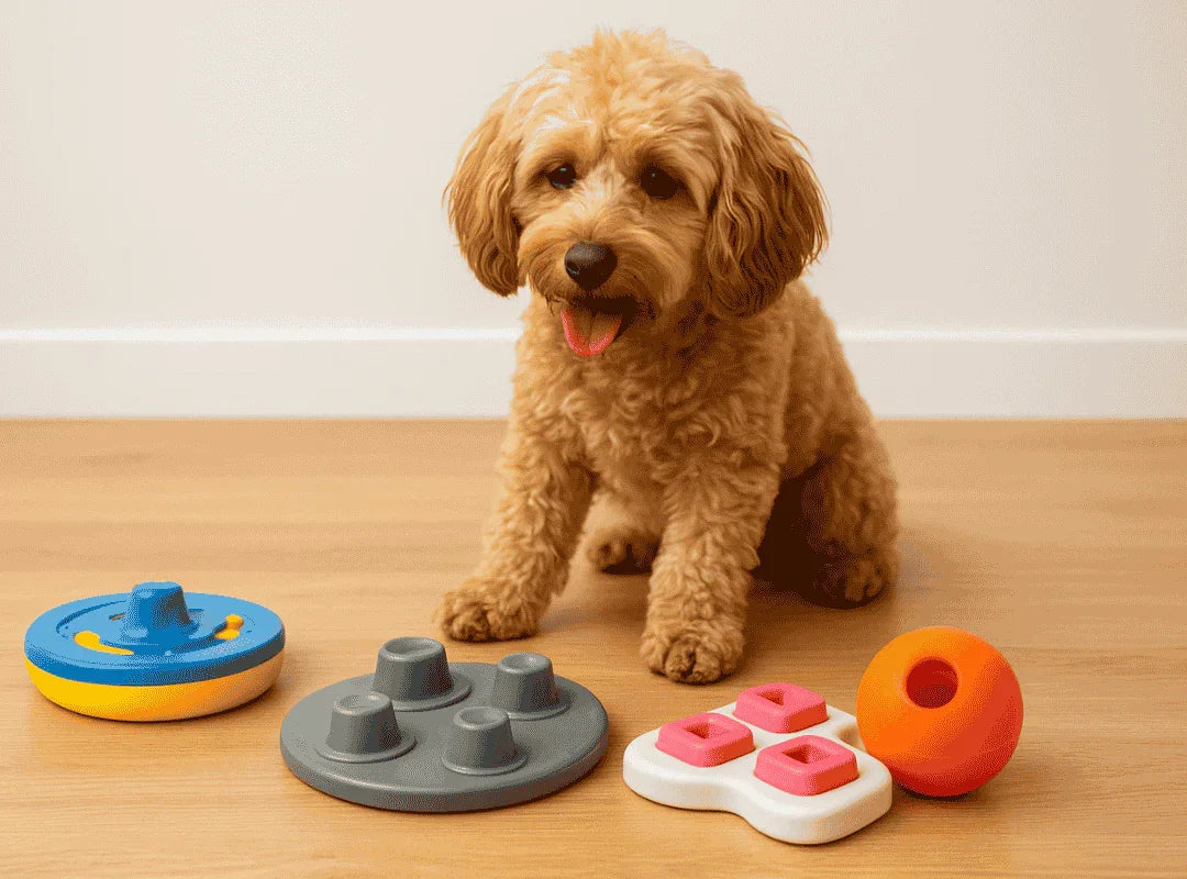 Small curly dog with interactive puzzle toys on wooden floor for pet enrichment