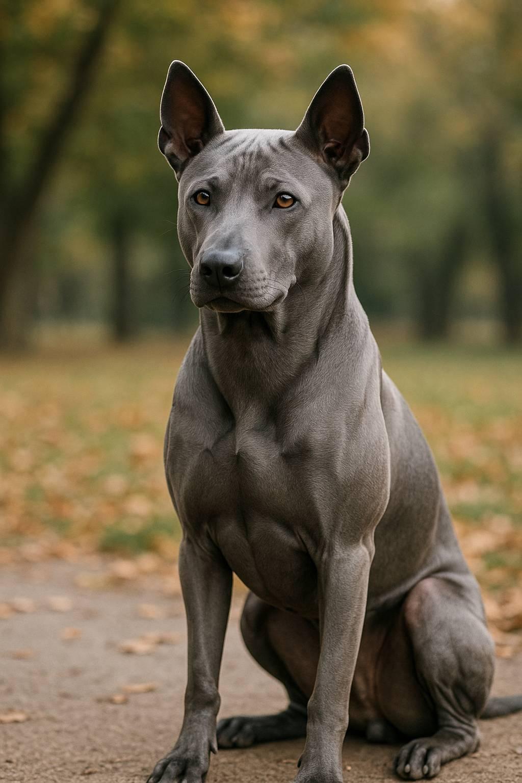 Thai Ridgeback dog with blue-gray coat sitting on path with autumn leaves and blurred trees