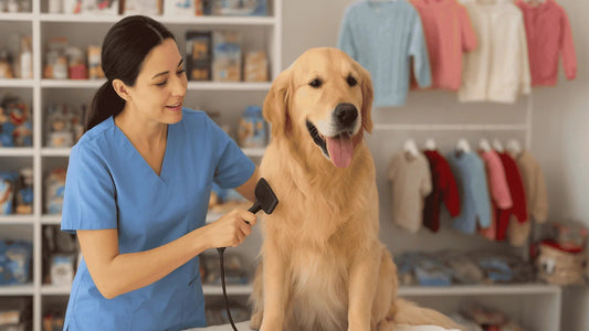 Professional pet groomer in blue scrubs brushing a happy golden retriever in grooming salon