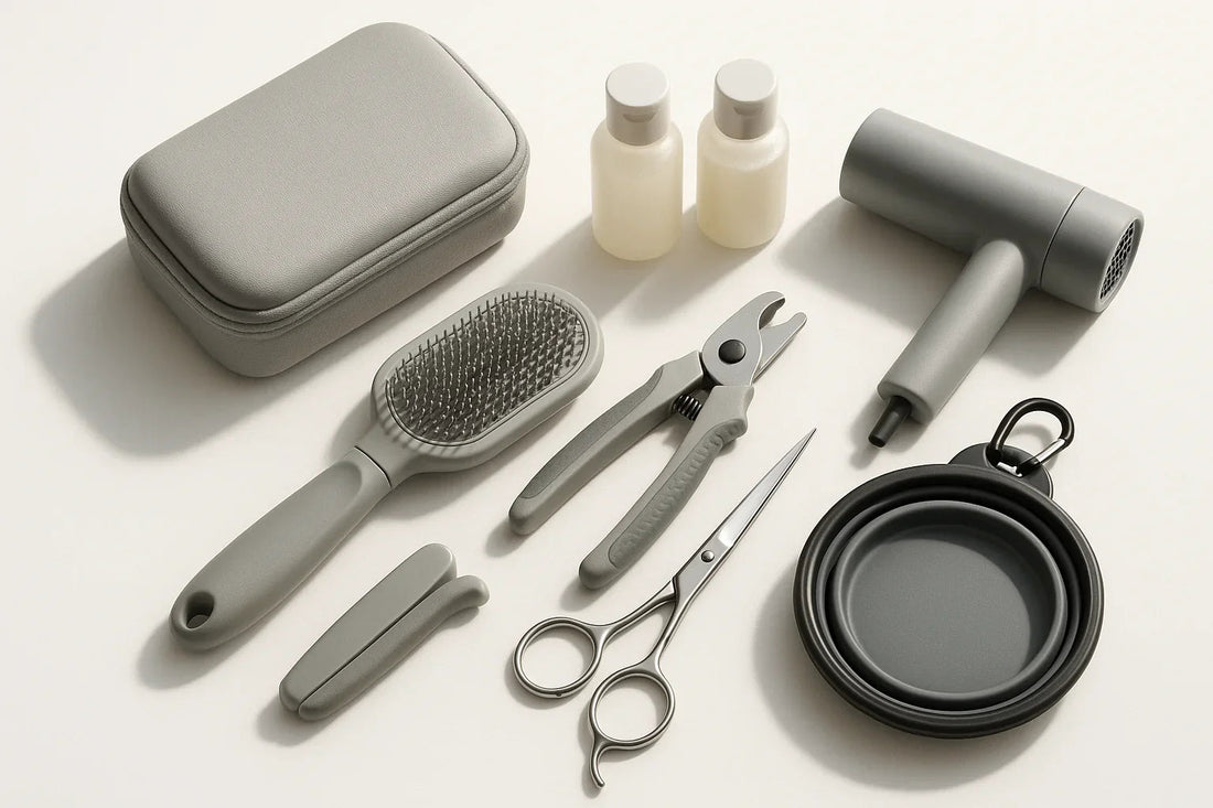 Travel pet grooming kit with grey brush, nail clippers, scissors, dryer, shampoo bottles, foldable bowl, and storage case