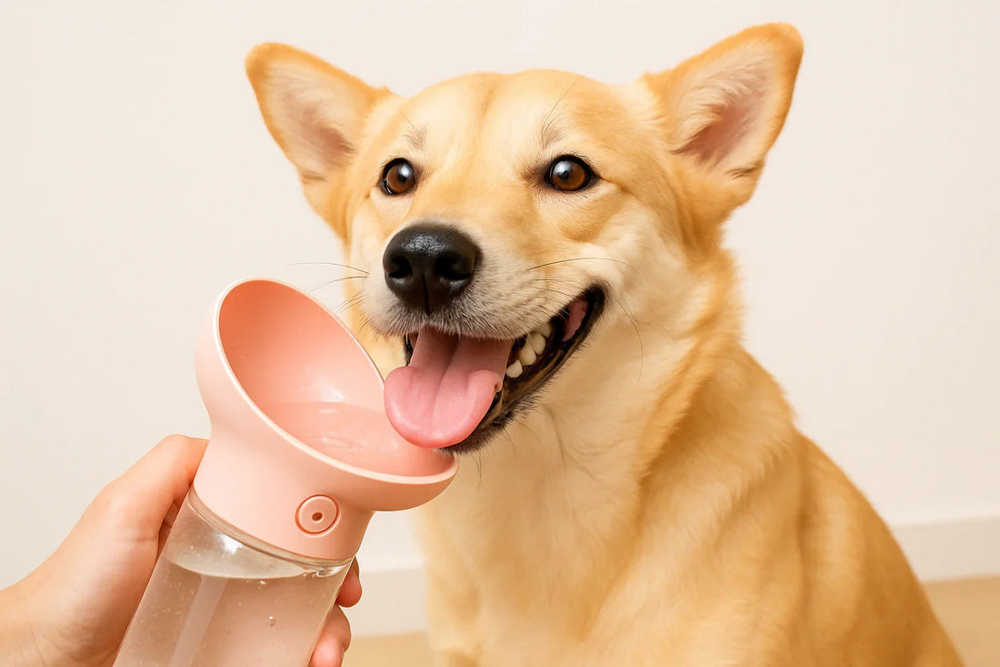 Happy golden dog drinking water from a pink portable pet water bottle indoors