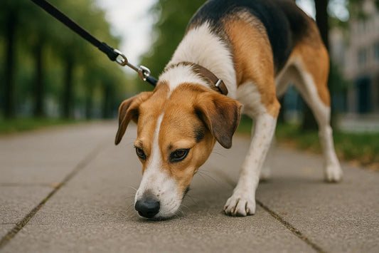 Beagle dog on a leash sniffing the ground during a walk on a city sidewalk with blurred trees in background