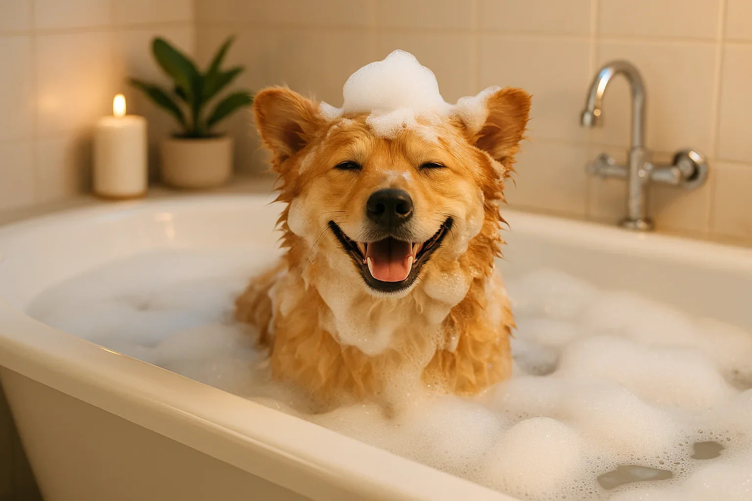 Happy golden dog enjoying a bubble bath in a white bathtub with a candle and plant nearby
