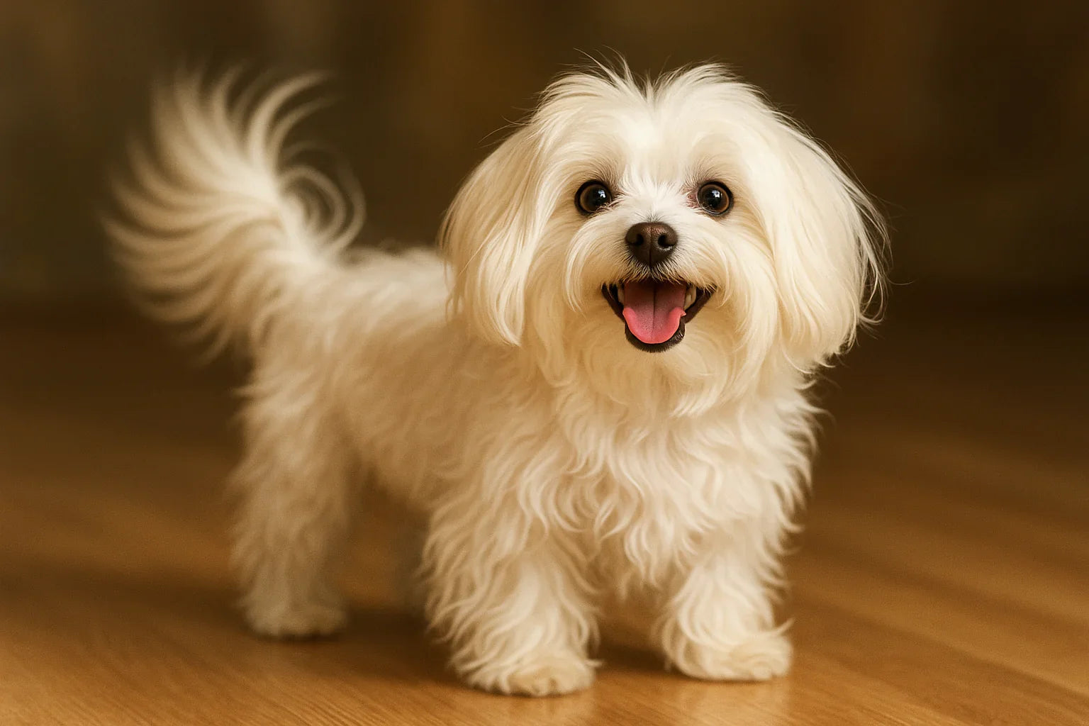 Happy Maltese dog wagging tail on wooden floor indoors