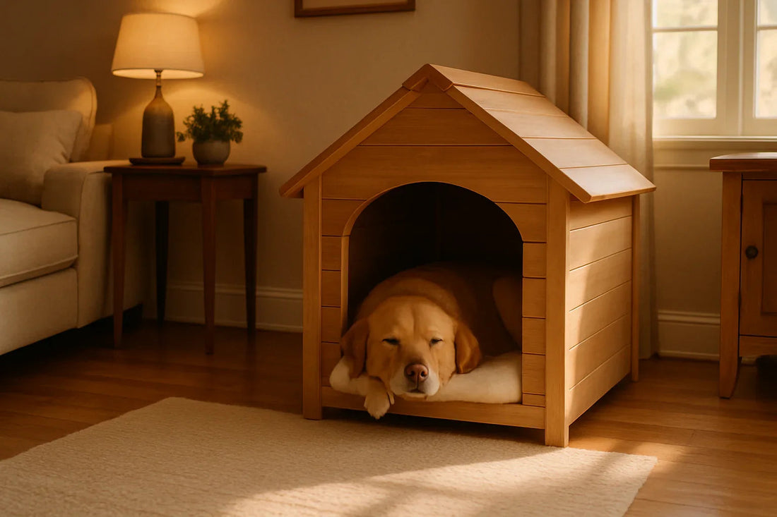 Golden retriever dog resting inside a wooden dog house in a cozy living room with warm lighting