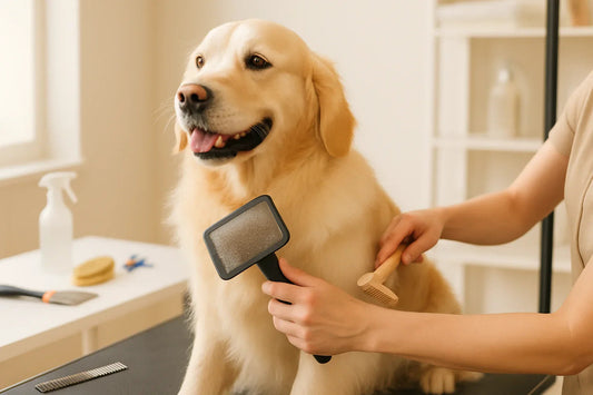 Golden retriever being groomed with slicker brush and wooden comb at pet grooming salon