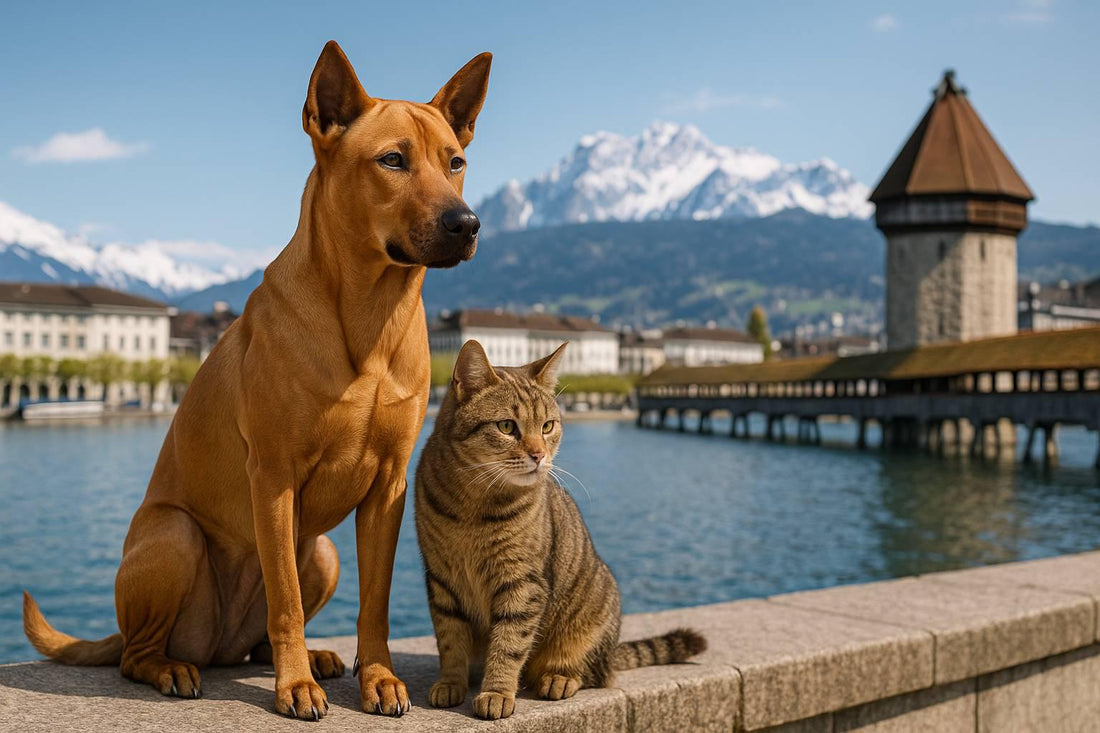 Brown dog and tabby cat sitting by water with historical tower and snowy mountains in background