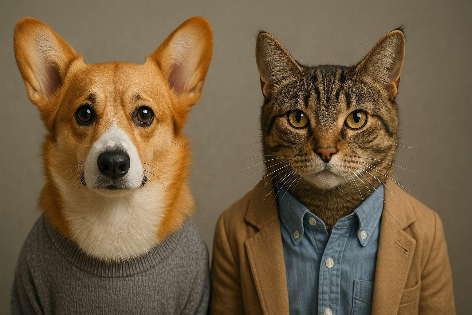 Portrait of a corgi dog in a gray sweater and a tabby cat in a shirt and tan blazer