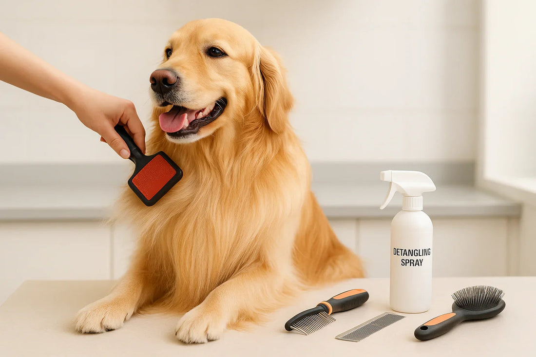 Golden retriever being brushed with grooming tools and detangling spray on table