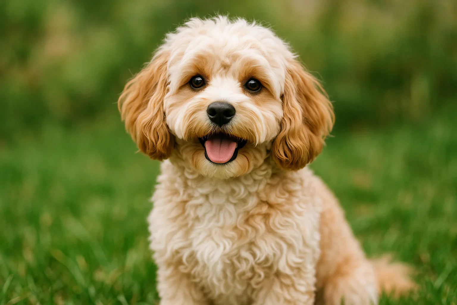 Happy curly cream-colored Cavapoo puppy sitting on green grass outdoors