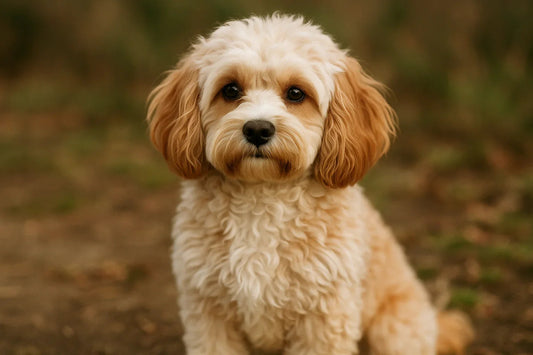 Close-up of a cream and tan curly Cavapoo dog sitting outdoors on a dirt path