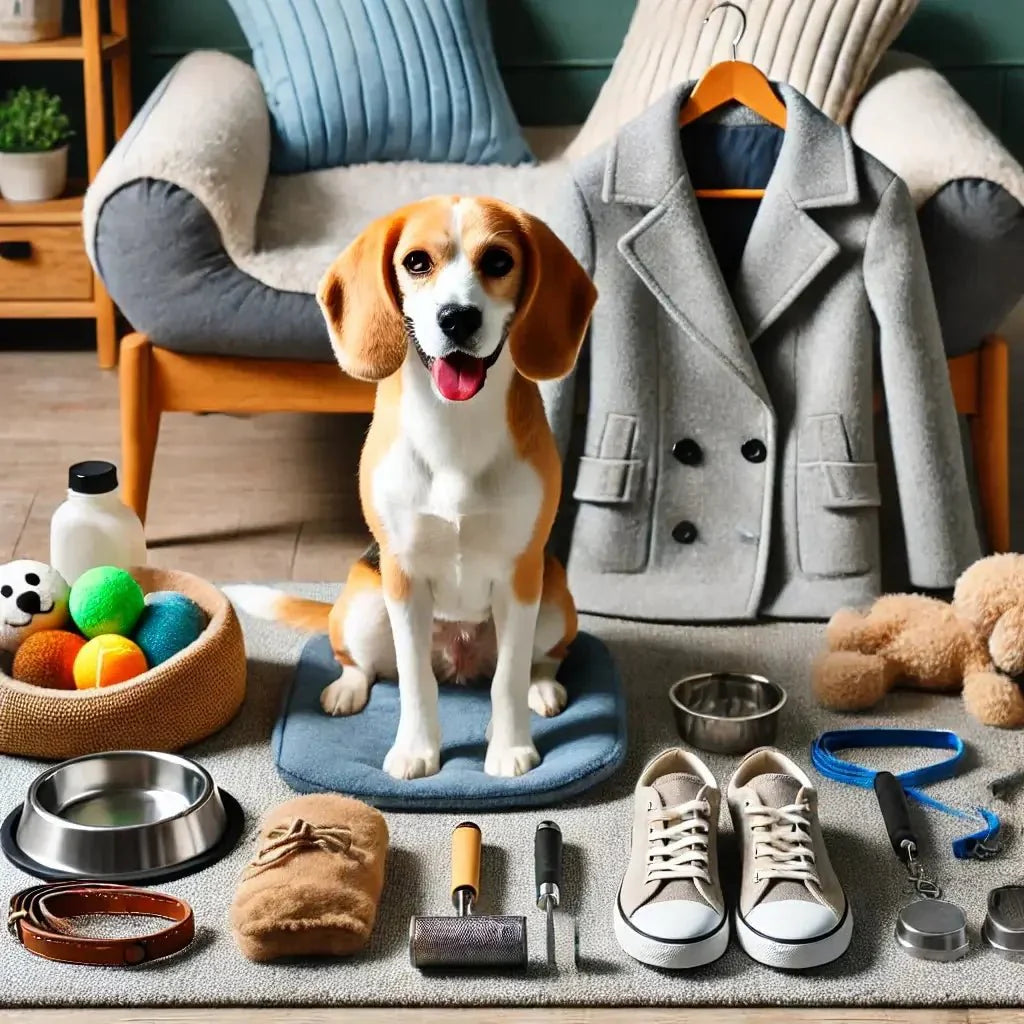 Beagle dog sitting on blue mat surrounded by dog toys, feeding bowls, leash, grooming tools, sneakers, and coat on couch