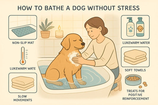 Illustration showing how to bathe a dog without stress with tips: non-slip mat, lukewarm water, slow movements, soft towels, and treats